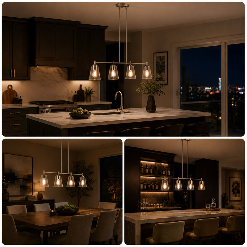 4-Lights Island Linear Pendant Light with Clear Glass Shade (BULB NOT INCLUDED)