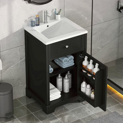 Meuble-lavabo de 20 po avec lavabo, armoire de salle de bain avec porte à fermeture douce, support de rangement et tablette réglable