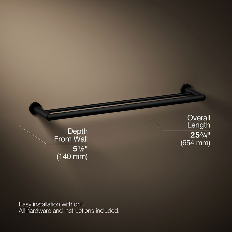 Kumin 26" Wall Mounted Towel Bar, Matte Black