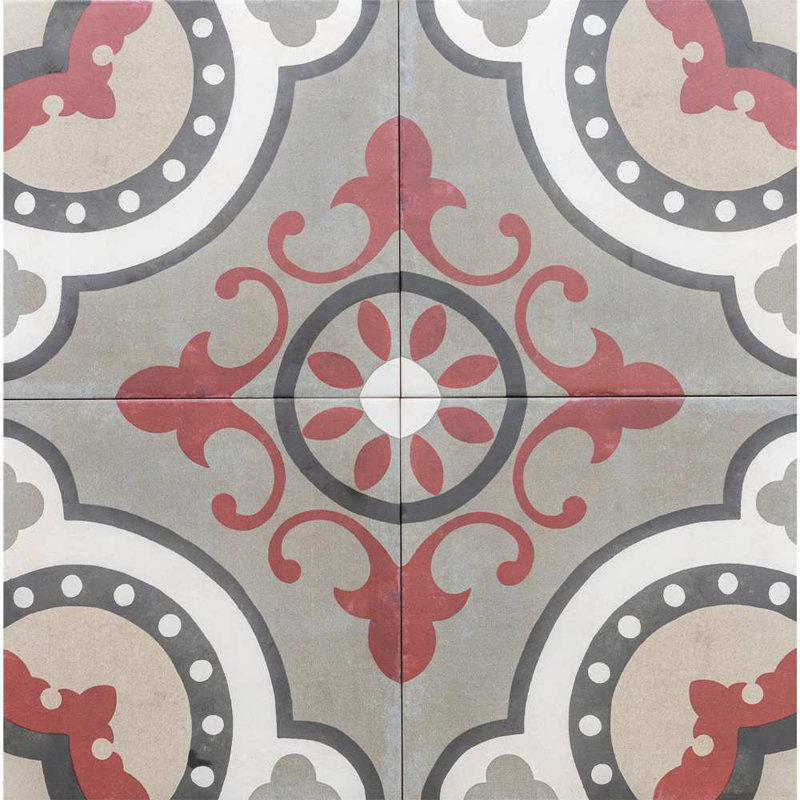 Art Deco 8" x 8" Patterned Porcelain Floor and Wall Tile, Grenade
