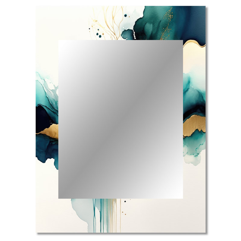 Teal And Gold Abstract Expression III - Liquid Ink Wall Mirror, Turquoise Decorative Mirror, Printed Metal Art, 40" x 30"