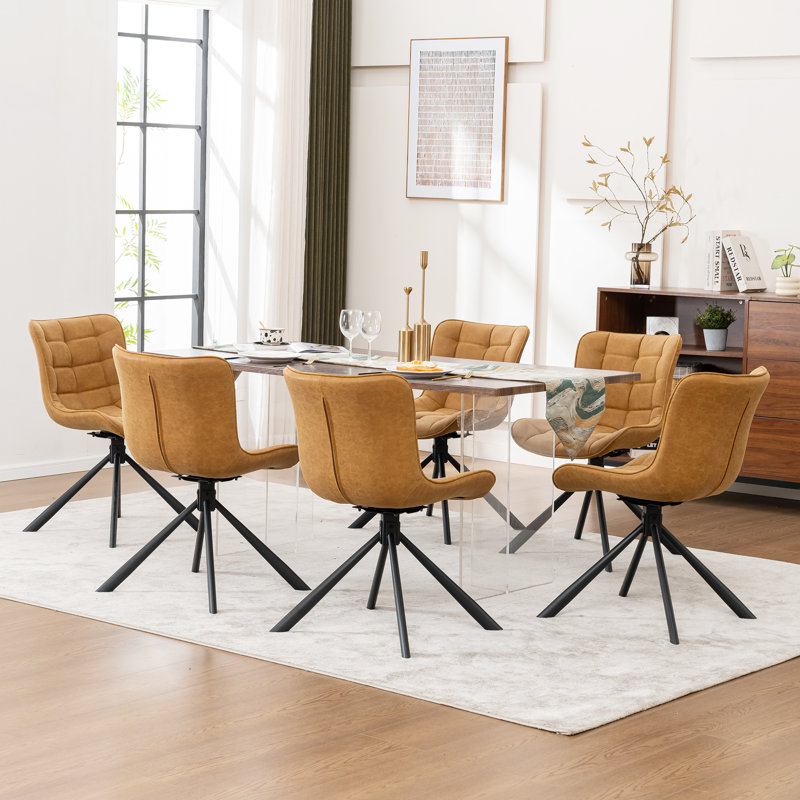 Tufted Swivel Leather Upholstered Side Chairs Modern Dining Chairs with Metal Legs, Brown
