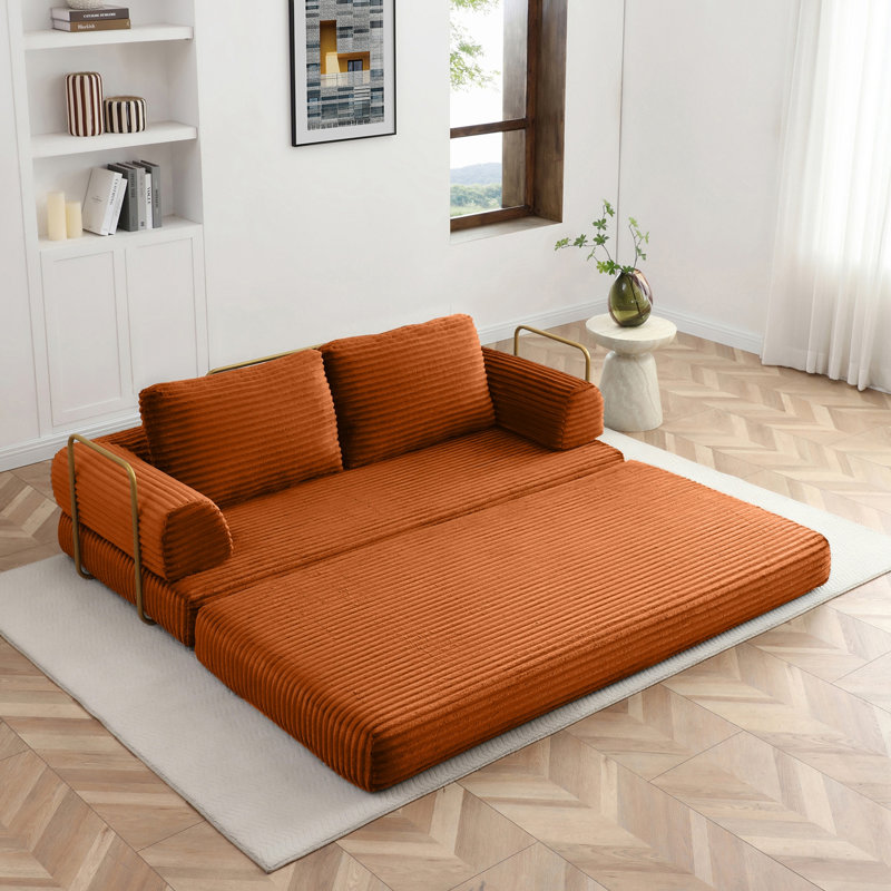 Canapé pliant en velours côtelé avec coussins et structure latérale en métal, Orange