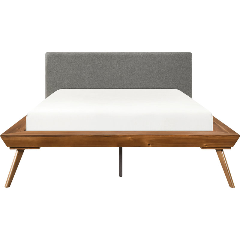 Lit plateforme gris foncé avec tête de lit tapissier texturée châtaignier et mousse, Lit double