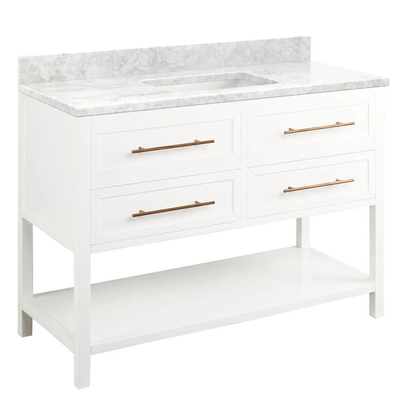 48" Robertson Single Bathroom Vanity Set with Rectangular Undermount Sink, White, Carrara Marble, No Faucet Hole