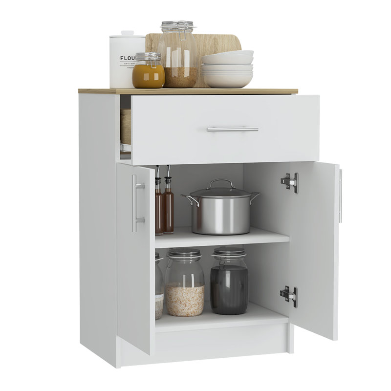 Armoire de cuisine avec tablette à micro-ondes H 33 po Barbados - 2 portes, 1 tiroir et 2 tablettes, H 33,3 po x l 23,6 po x P 15,9 po, blanc / chêne clair