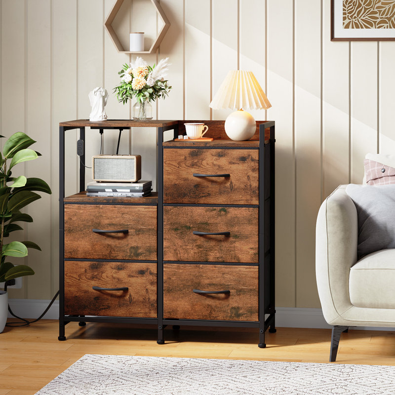  Commode 5 tiroirs larges avec station de charge et tablette ouverte pour dortoir de chambre à coucher, imprimé grain de bois