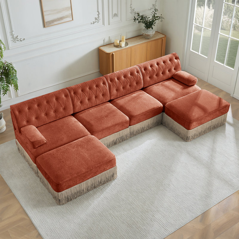Canapé Chesterfield, 34.2" H x 135.6" W x 60.3" D, 4, Rouge / Brun