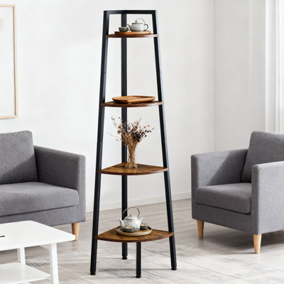 4-Tier Corner Shelf, Industrial Ladder Bookshelf With Metal Frame For Living Room, Bedroom, Home Office And Small Space Storage Display