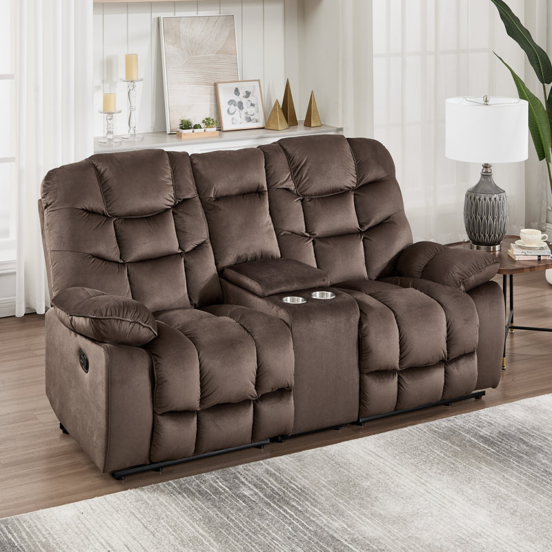 78.35'' Wide Modern Microfiber Manual Reclining Loveseat With Storage Console & Cup Holders, Brown