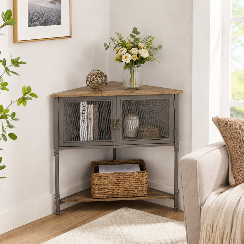 Geir Corner Accent Cabinet, Industrial Corner Cabinet with Storage Shelf & Mesh Doors, Farmhouse Corner Accent Table with Metal Frame, Small Space Corner Organizer for Living Room, Entryway, Bedroom