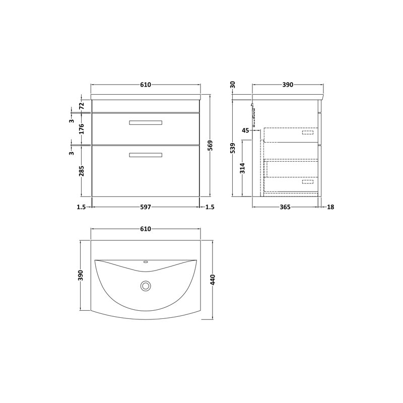 Athena 610mm Single Bathroom Vanity with Integrated Vitreous China Basin, Gloss White