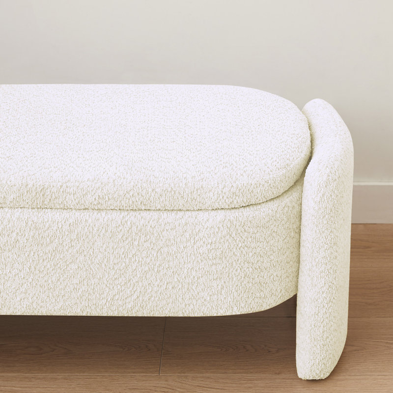 Ottoman Oval Storage Bench 3D Lamb Fleece Fabric  Bench, Cream White