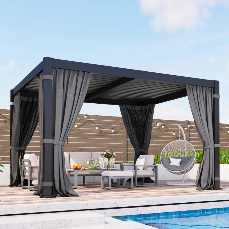 Aluminum 10' x 12' Pergola with Curtains & Netting, Outdoor Pergola with Adjustable Louvers & Hidden Drainage, Heavy-Duty Metal Louvered Pergola for Backyard, Poolside, Dark Gray
