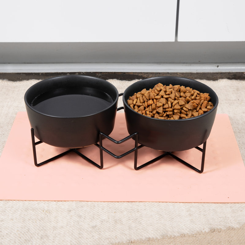 Matte Black Ceramic Double Dog Feeder with Stand