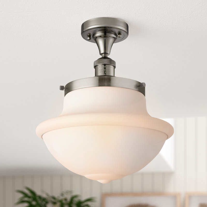 Plafonnier semi-encastré 1 lumière Baptiste, Ampoule à DEL rétro de 6 watts, Blanc mat, Nickel poli