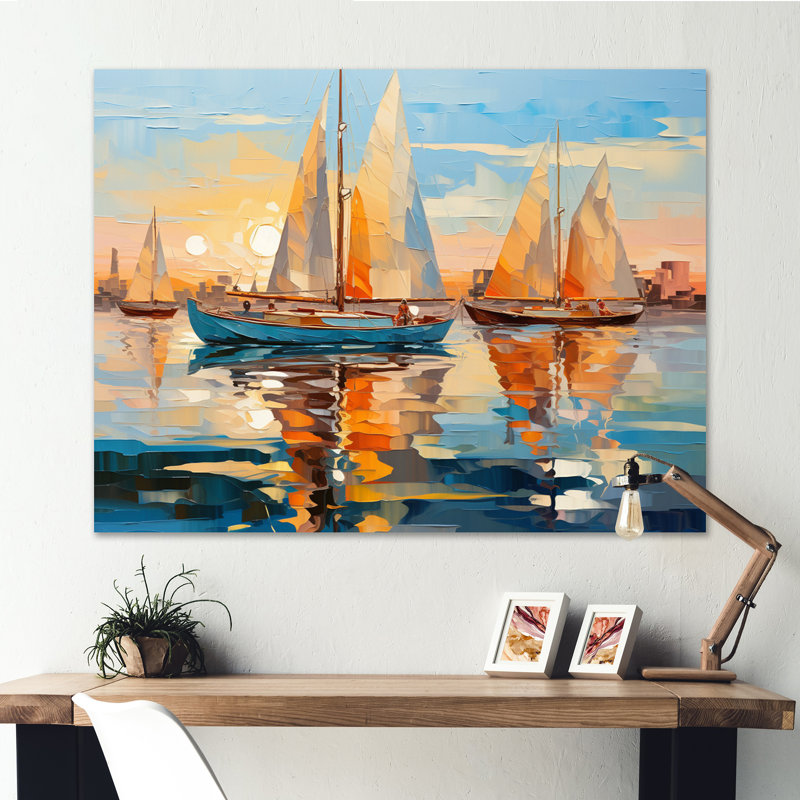 Jonkan voilier abstrait flottille I - bateau à voile, art mural, Toile tendue, H 24 po x l 32 po x P 1 po