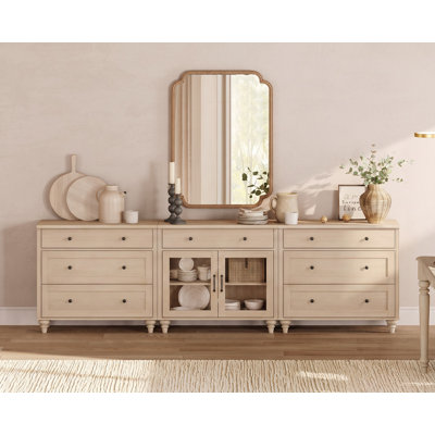 Buffet Farmhouse avec 7 tiroirs et 2 portes en verre, 101 pouces, beige