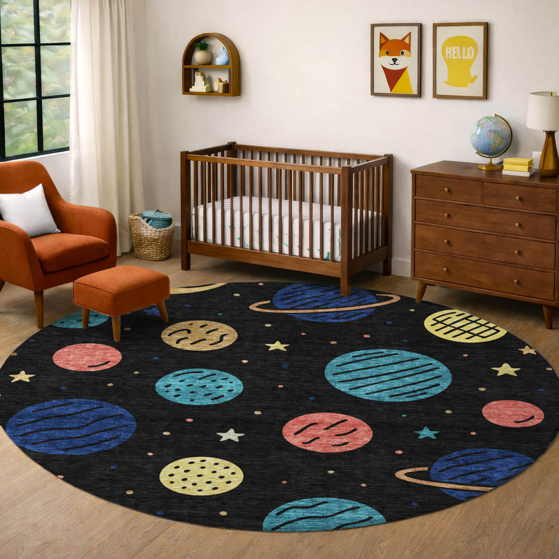 Machine Washable Indoor/Outdoor Chantille ACN2619 Kids Rug, 8' Round, Black