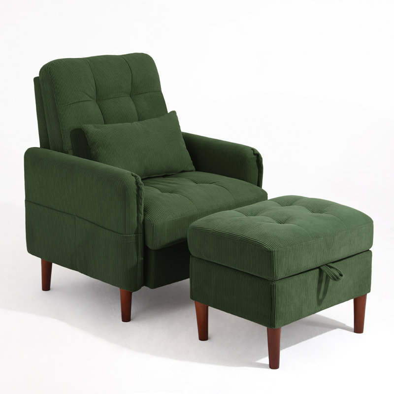 Upholstered Armchair with Footstool, Green