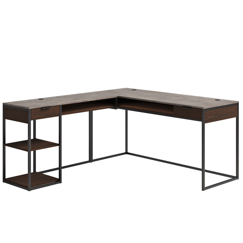 Bureau spacieux en forme de L avec tiroirs cachés et structure en métal durable, parfait pour le bureau à domicile et une utilisation multifonctionnelle