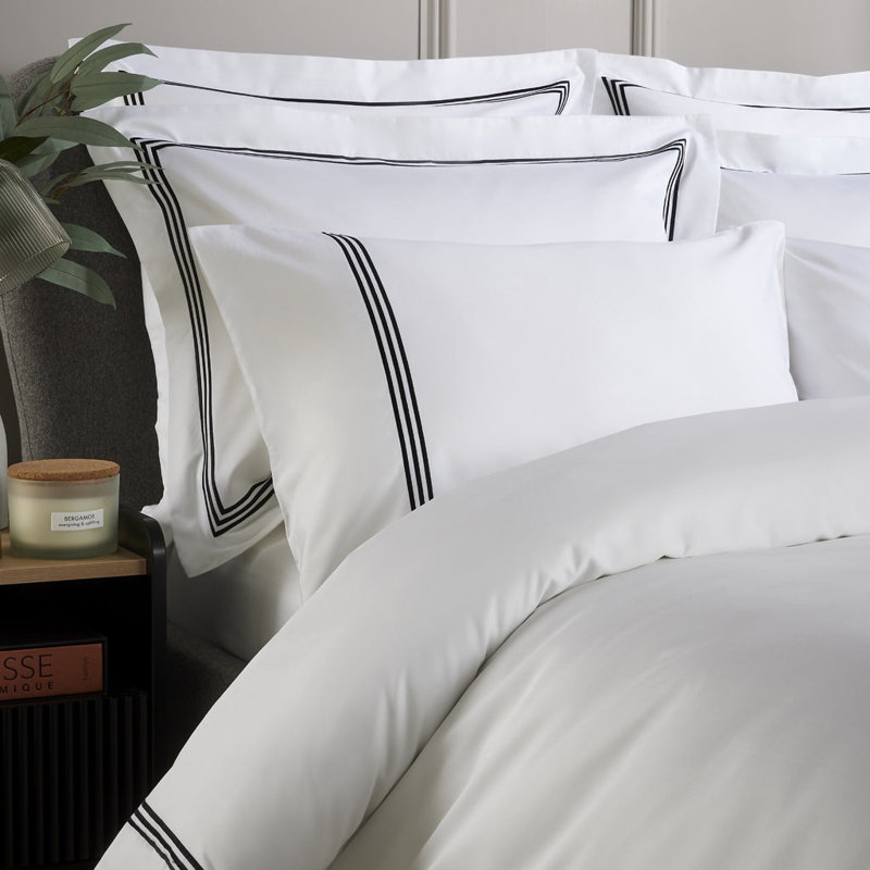 800 Thread Count Triple Row Embroidered Sateen Duvet Cover, Super King Duvet Cover, White/Black