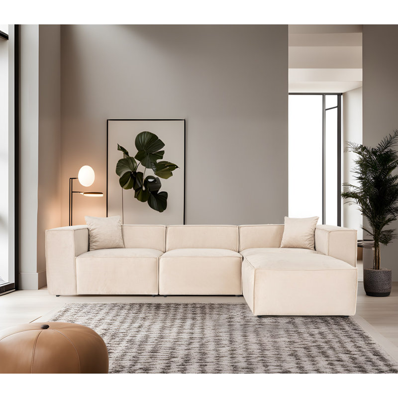 Élégant canapé d'angle, revêtement en lin crème, 119,3 po x 76,0 po x 25,6 po | Structure 100% charme, 32 sièges en mousse, 2 coussins décoratifs | Parfait pour le salon et les intérieurs modernes, design confortable et élégant