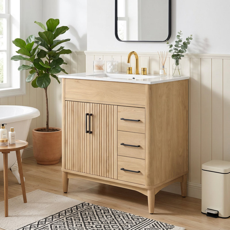 Meuble-lavabo autoportant cannelé traditionnel de 30 po avec pieds en bois d'hévéa, couleur bois naturel