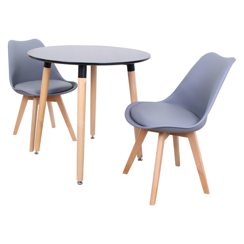 Todmorden 2 Person Dining set - a Round Plastic Dining Table with Wooden Legs and a Set of 2 Faux Leather Cushion Padded Dining Chairs for Dining Room - Modern Dining Table Set