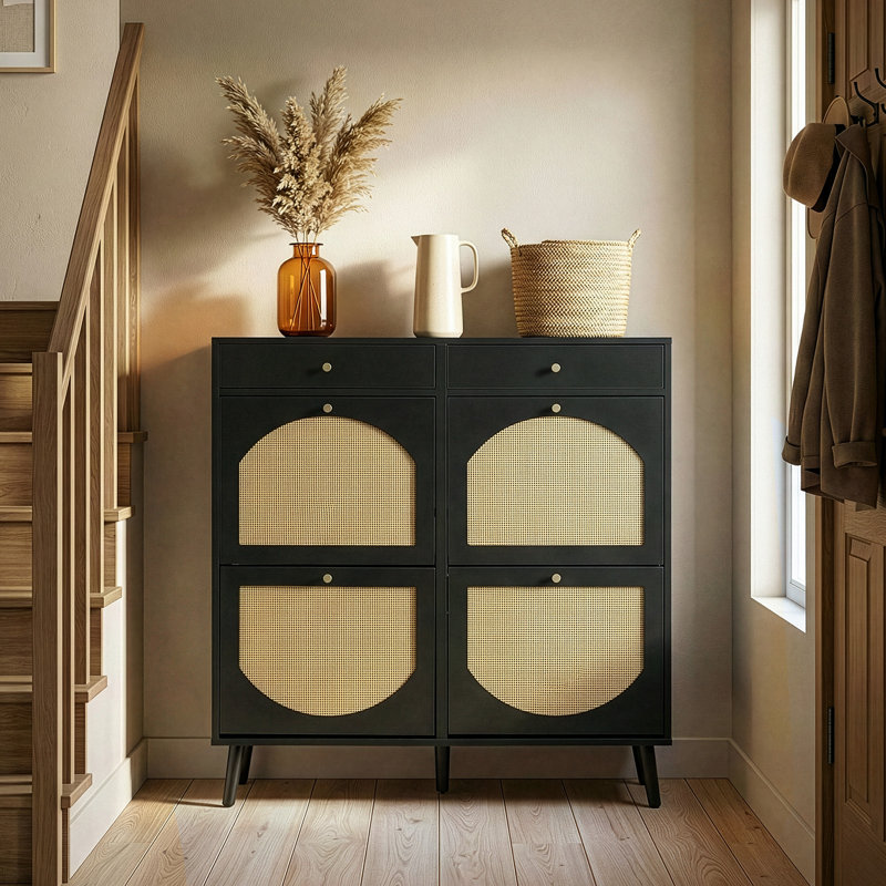 Rattan Panel 2 Drawers 4 Flip-Drawer Shoe Cabinet Particleboard 41.34" W, Black