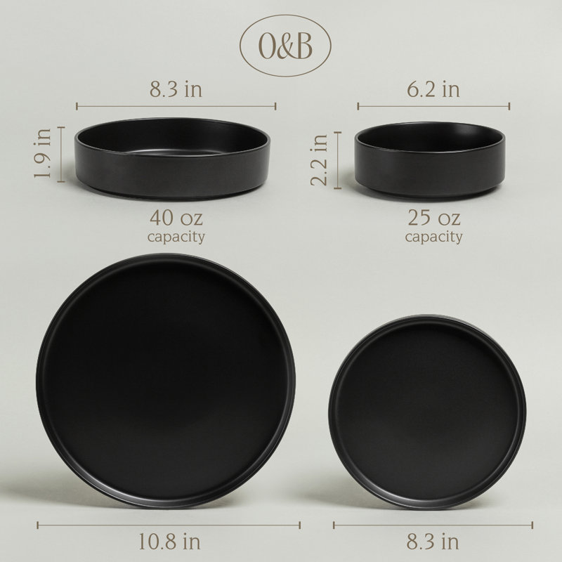 Service de table en grès semi-fini empilable 16 pièces, Noir