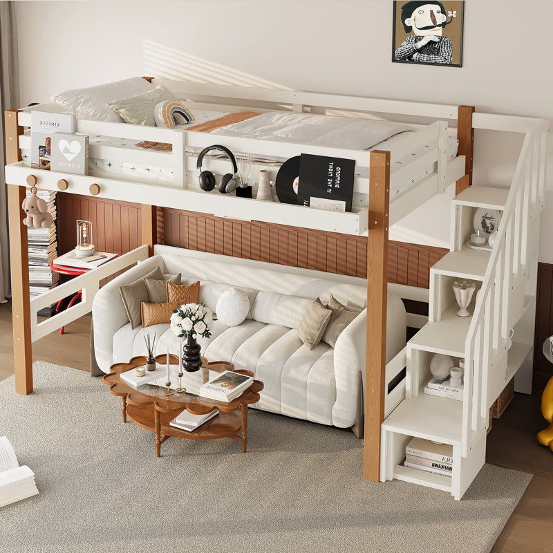Twin Wood Loft Bed with Storage Shelves & Clothes Hook, Space-Saving Kids Bed Frame with Under-Bed Room, Beige & Natural