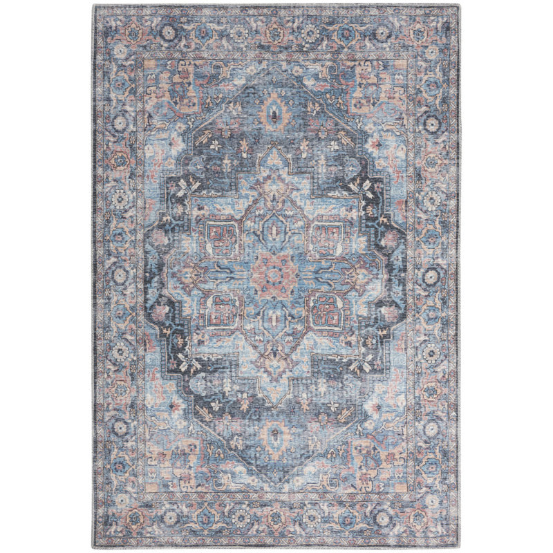 Medallion Machine Washable Polyester Area Rug in Light Blue/Orange/Gray, Rectangle 6' x 9'