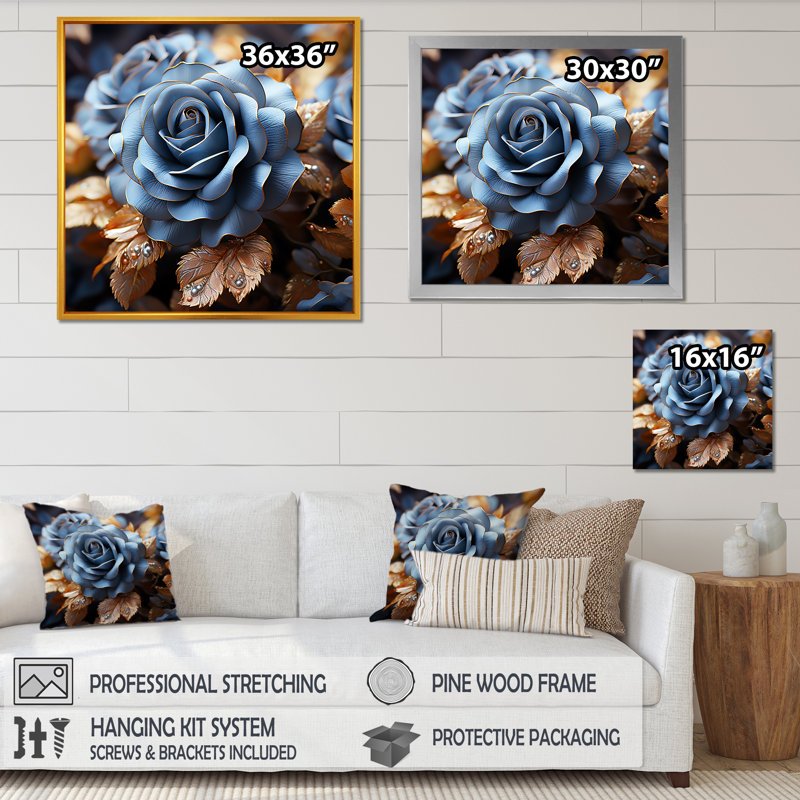 «Azure Blue Roses Arrangement Elegance III», reproduction sur toile, Cadre simple noir, H 36 po x l 36 po x P 1,5 po