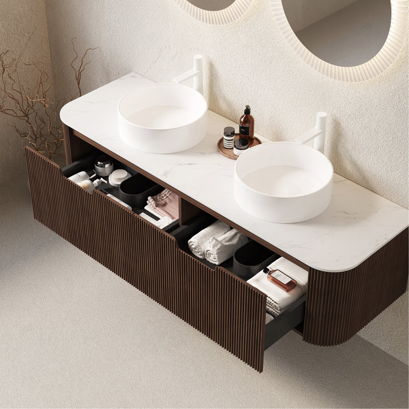 Ensemble de meuble-lavabo 60 po 60 po, 2 tiroirs, 2 lavabos ronds blancs en céramique et un plateau en pierre frittée blanche, noyer foncé pré-assemblé