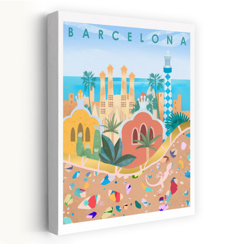 Affiche murale de Barcelone colorée et vibrante représentant un lézard, un palmier et une architecture de plage