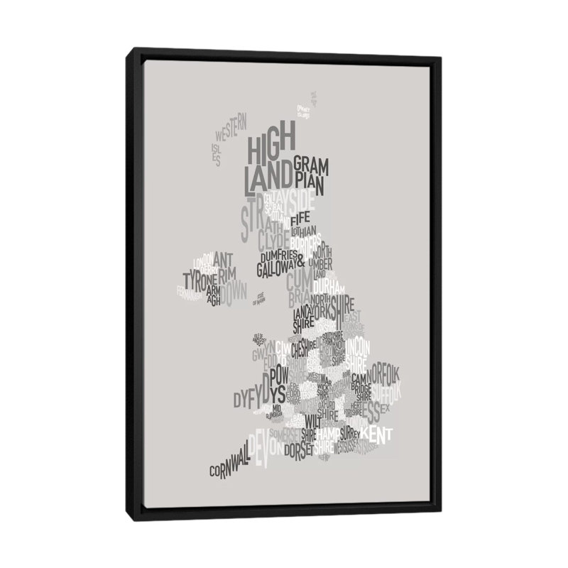 Impression sur toile, "grande-bretagne county text map" par michael tompsett, H 26 po x l 18 po x P 1,5 po, Pas de tapis