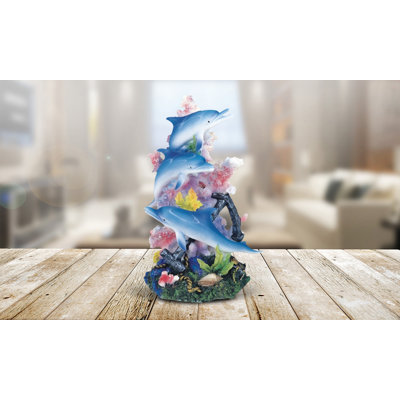 9"H Blue Dolphins Swimming Around Pink Coral Figurine