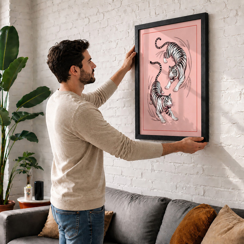 Dancing Tigers Boho - Framed Print, A1 - 84.1 x 59.4 cm, White