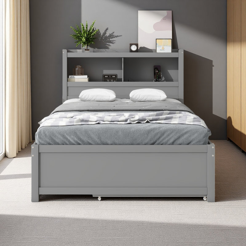 Lit plateforme double avec lit gigogne, tiroirs et prises USB, Gris