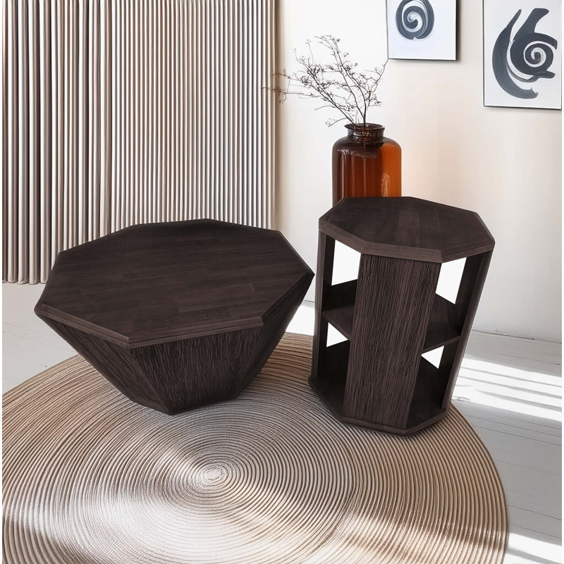 Octagonal Log Color  Rubber Wood Set Of Two Coffee Table, Coffee Table, Living Room Bedroom(Set Of Two Pieces), Walnut
