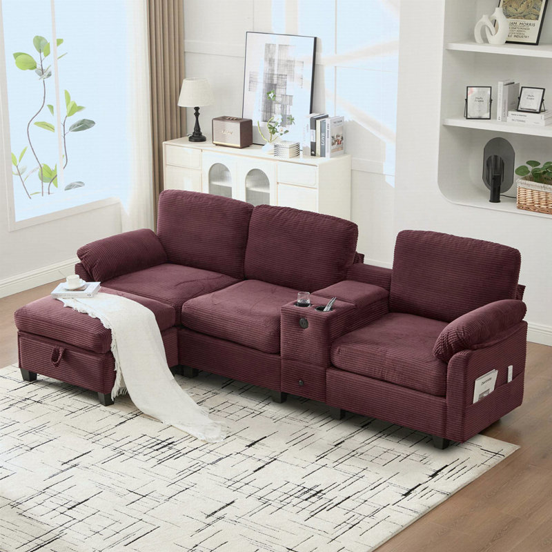 Canapé en velours côtelé L-Type avec design segmenté 4 places, porte-gobelet, port USB, boîte de rangement, console mobile et repose-pieds