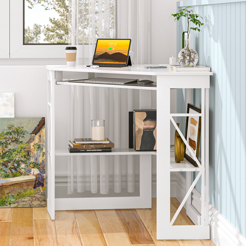 Lambrecht Corner Desk With Outlets & USB Ports, Triangle Computer Desk With Charging Station, Storage Shelf, Space Saving Writing Desk For Small Space