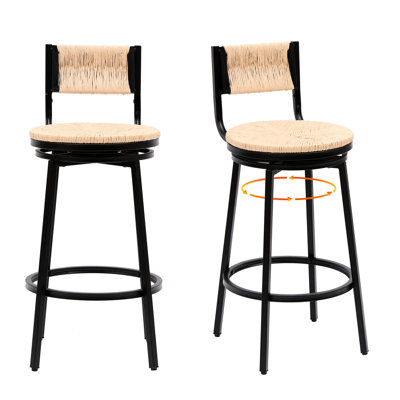 Handwoven Paper Rope Of 2, 360° Swivel Seat, Honey Metal Frame, For Dining Room, Kitchen Island Style Counter Chairs Color, Frame