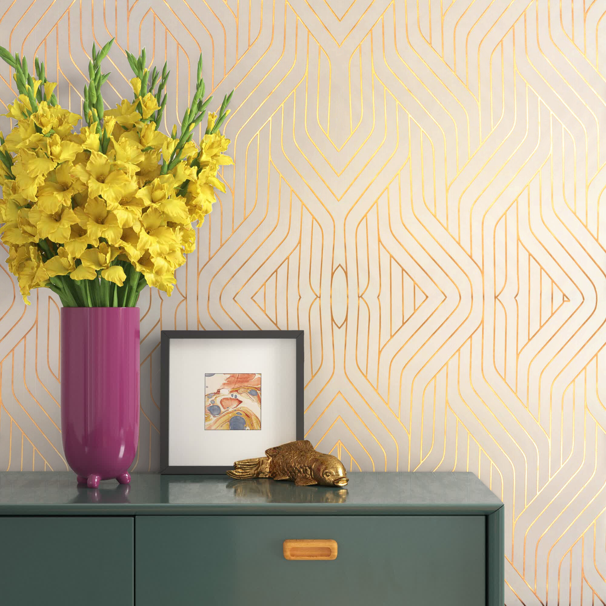 LV Inspired Black/Yellow Gold 3D Wallpaper - 5.3 Sqm