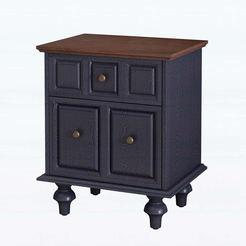 Table de chevet rétro avec 2 tiroirs et pieds à colonnes romaines, Bleu foncé / brun