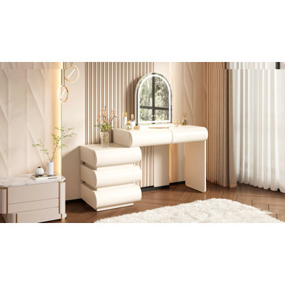 Luxury 2-In-1 Vanity Table With Leather Finish, 3-Colour Led Lighted Mirror, Modern Makeup Vanity Desk With Nightstand Design, Dressing Table With 5 Storage Drawers, Beige