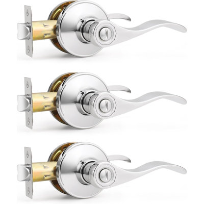 Interior Door Handles Lever Privacy Door Lock, Polished Chrome Door Handles, Chrome Door Lever For Bedroom Bathroom Keyless, Wave Style, 3 Pack