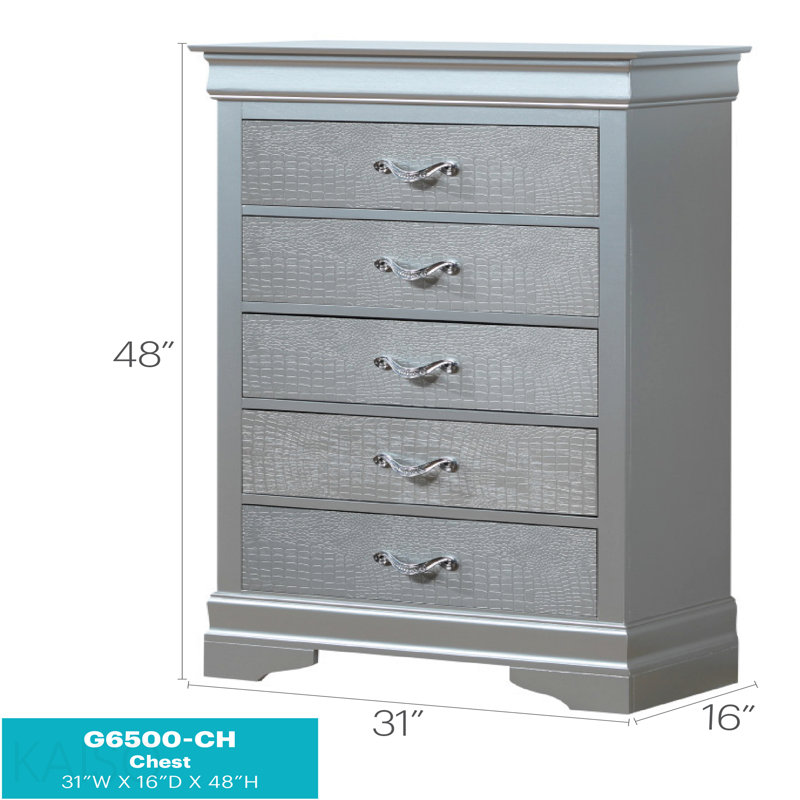 5-Drawer Vertical Chest With Textured Front & Decorative Handles, Champagne