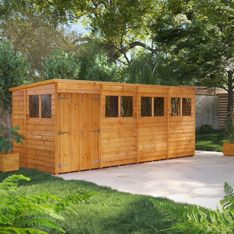 Powersheds 16 x 6ft Timber Overlap Pent Garden Shed, Double Doors